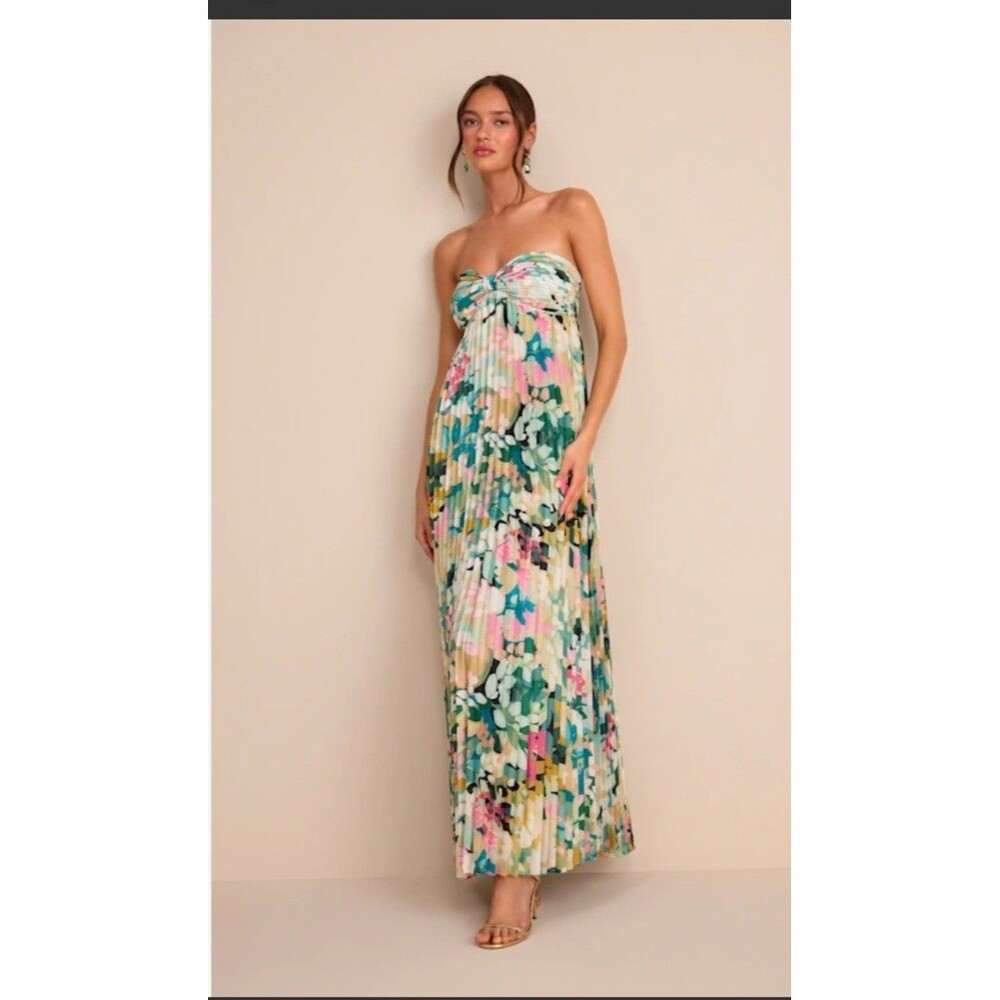 NWT Lulus Whimsical Beauty Floral Satin Plisse Strapless Maxi Dress Size XL
